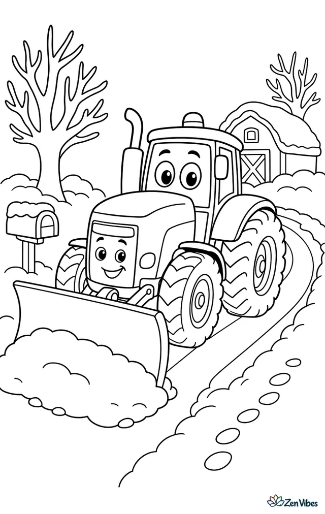 A farm tractor with a front snow blade clears a lane after snowfall. Snowbanks, a mailbox, bare trees, a barn roof, and footprints in the yard surround the winter scene.