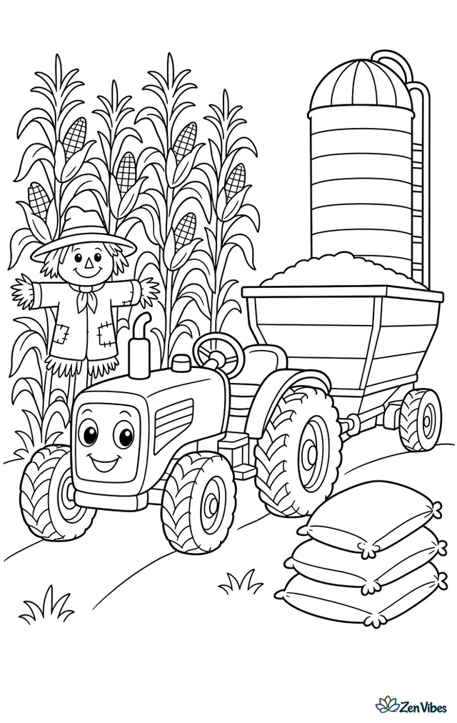 A row-crop tractor drives beside tall corn, towing a grain wagon at harvest time. Corn stalks, a scarecrow, stacked sacks, and a grain silo stand around the busy field.