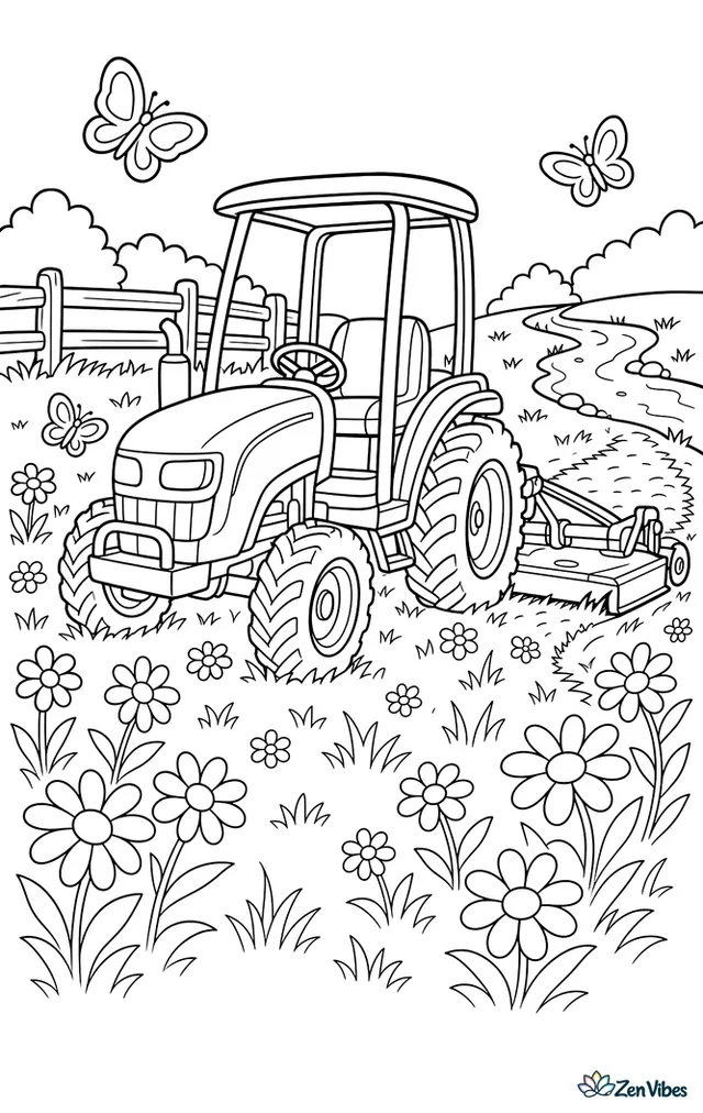 A utility tractor cuts a wildflower meadow with a rear mower. Butterflies, clumps of daisies, a split-rail fence, and a creek winding near the field add cheerful details.
