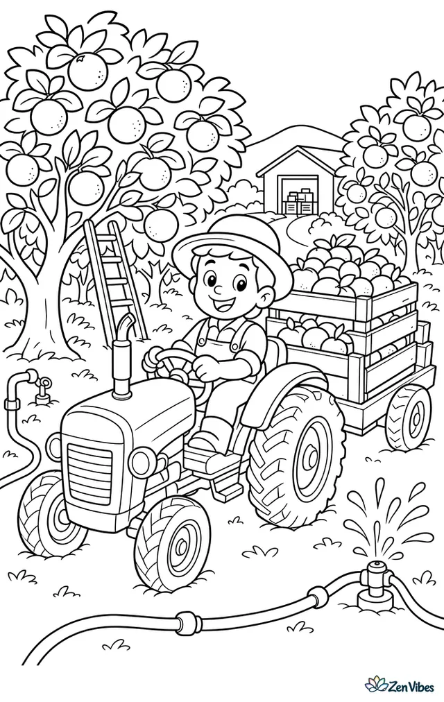 An orchard tractor carries crates through a citrus grove filled with oranges. Irrigation pipes, ladders, leafy trees, and a packing shed in the distance complete the sunny harvest scene.