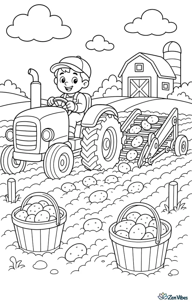 A sturdy farm tractor pulls a potato digger through loose soil. Neat rows, baskets of potatoes, field markers, and a cloudy sky over a distant barn fill the scene.