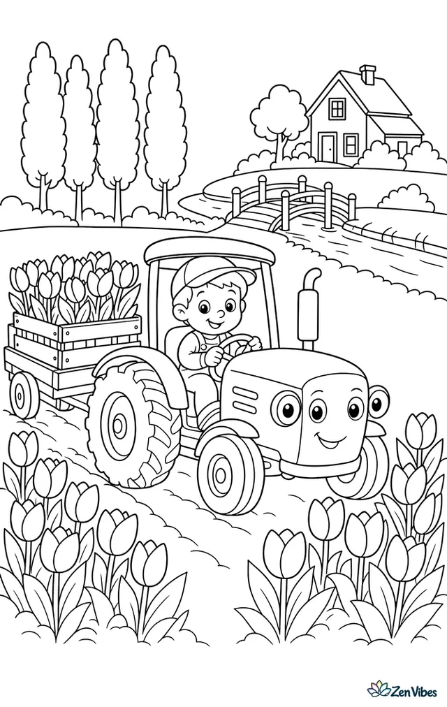 A small tractor travels between bright tulip rows, towing a flatbed of flower crates. Windbreak trees, a canal, a wooden bridge, and a farmhouse decorate the spring landscape.