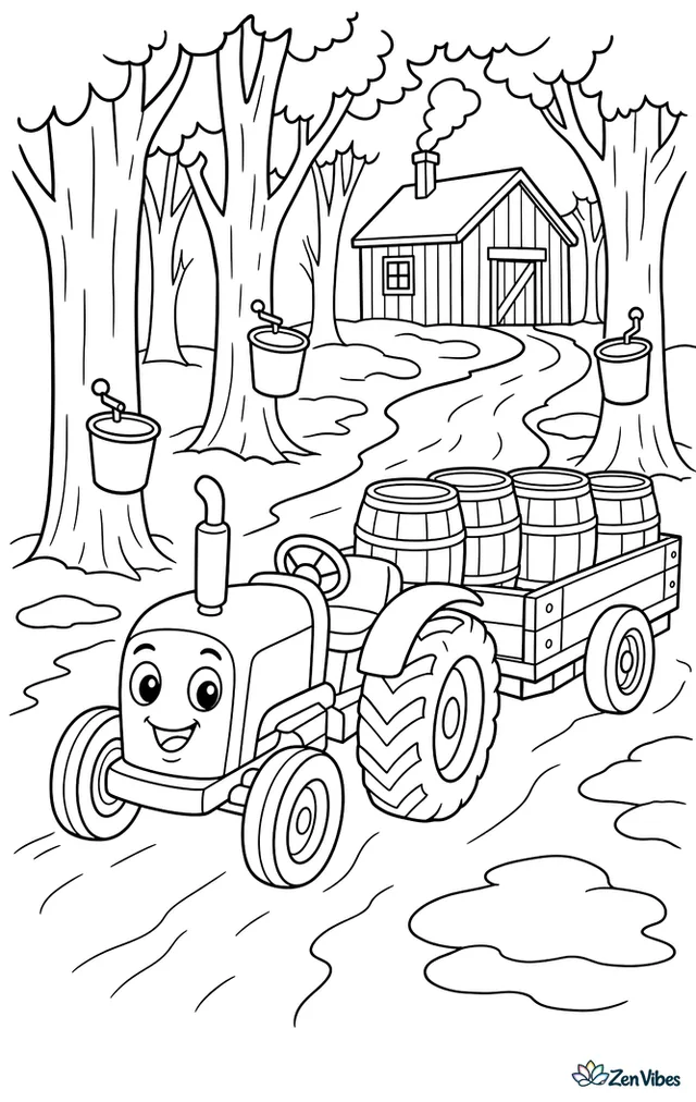 A utility tractor hauls sap barrels along a path through a maple grove. Tapped trees, hanging buckets, a sugar shack, and patches of late snow appear around the woods.