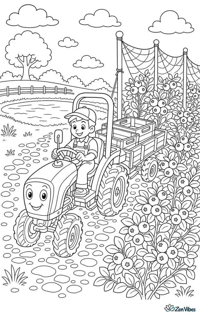 A narrow farm tractor moves carefully beside blueberry bushes, carrying empty picking bins. Netting poles, baskets, a gravel path, and a small pond beyond the field shape the scene.