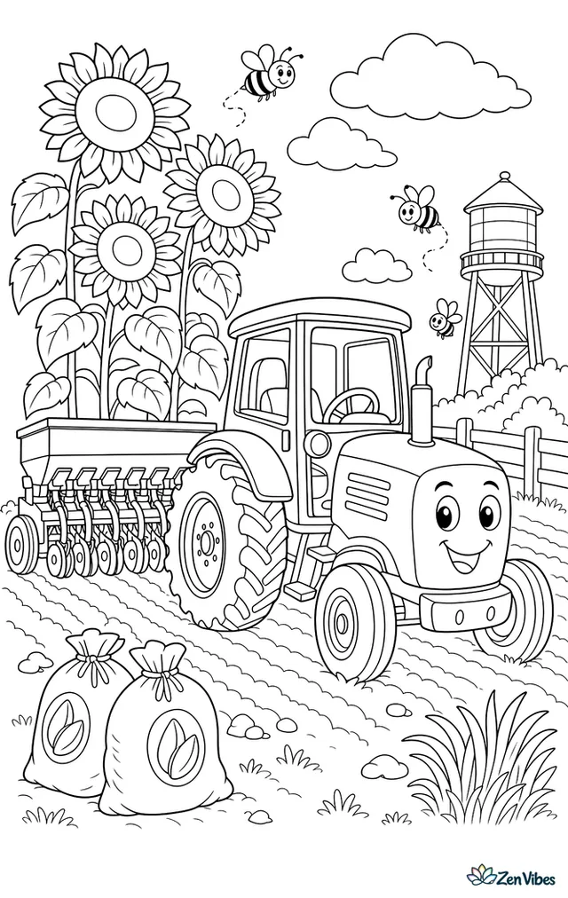 A bright row-crop tractor pulls a seed drill beside towering sunflowers at the field edge. Bees, seed sacks, a fence line, and a distant water tower add lively country details.