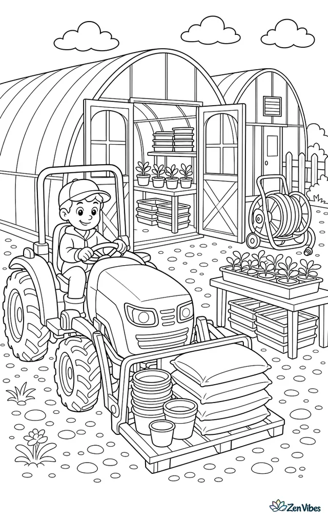 A compact tractor delivers soil bags and pots beside long greenhouse buildings. Open greenhouse doors, stacked trays, hose reels, seedlings on tables, and a gravel yard fill the scene.