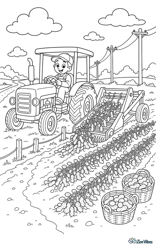 A farm tractor pulls a peanut digger, lifting vines into neat rows for drying. Field markers, baskets, a dirt road, telephone poles, and puffy clouds spread across the farmland.