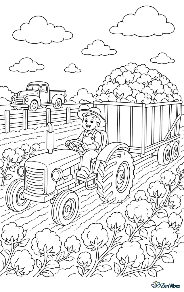 A tractor tows a module buggy along rows of fluffy cotton ready for harvest. White bolls, fence posts, a farm truck, and a broad sky surround the southern field.
