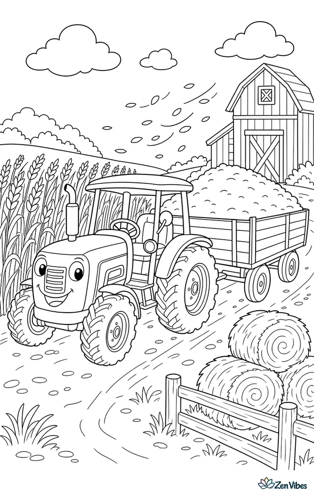 A grain tractor carries a full wagon along the edge of a golden wheat field. Straw bales, chaff blowing lightly, a dirt track, and a weathered granary stand nearby.