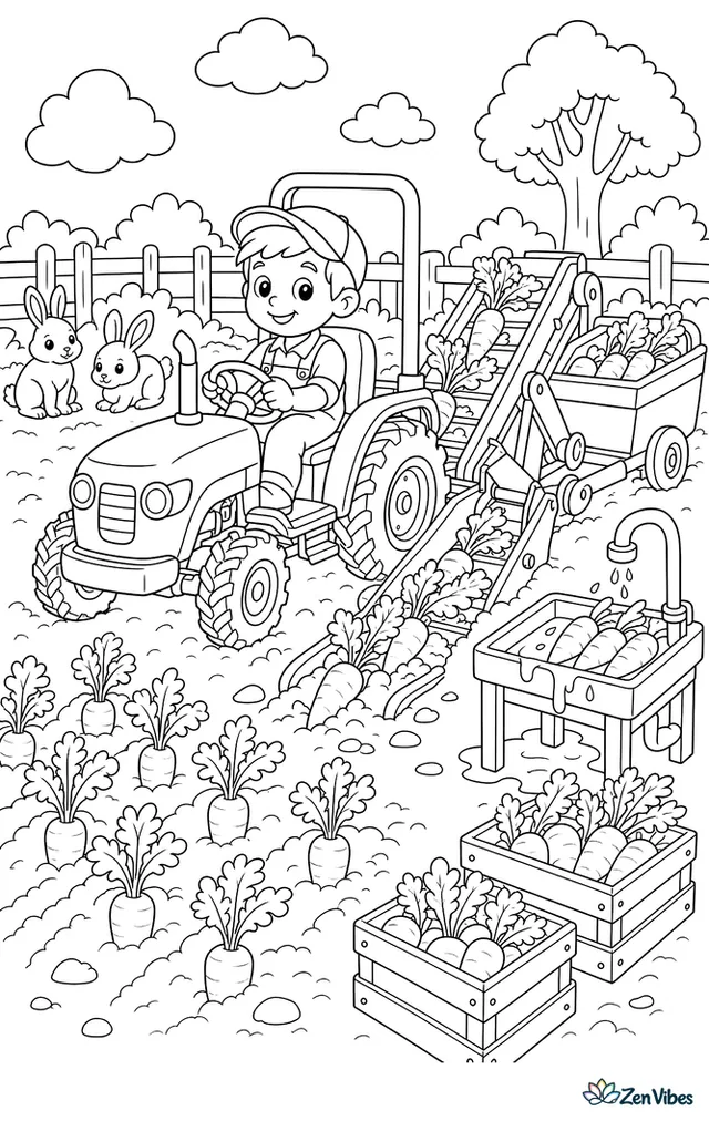 A small utility tractor pulls a root-crop harvester through a carrot patch. Leafy tops, harvested crates, a wash station, rabbits near the fence, and neat garden rows complete the scene.