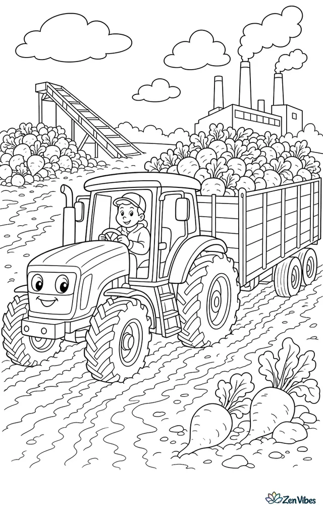 A heavy tractor hauls sugar beets from a harvested field in a high-sided trailer. Beet piles, muddy ruts, a loading ramp, and factory chimneys on the horizon appear beyond.