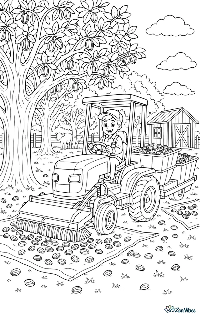 An orchard tractor sweeps beneath pecan trees, collecting fallen nuts into bins. Tree trunks, scattered pecans, tarps, a shed, and grazing cattle beyond the fence enrich the setting.