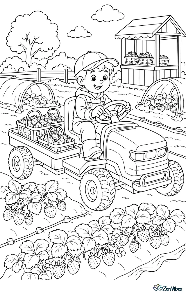 A low utility tractor carries baskets along mulched strawberry rows during picking season. Plastic tunnels, watering lines, ripe berries, and a roadside stand nearby give the field character.