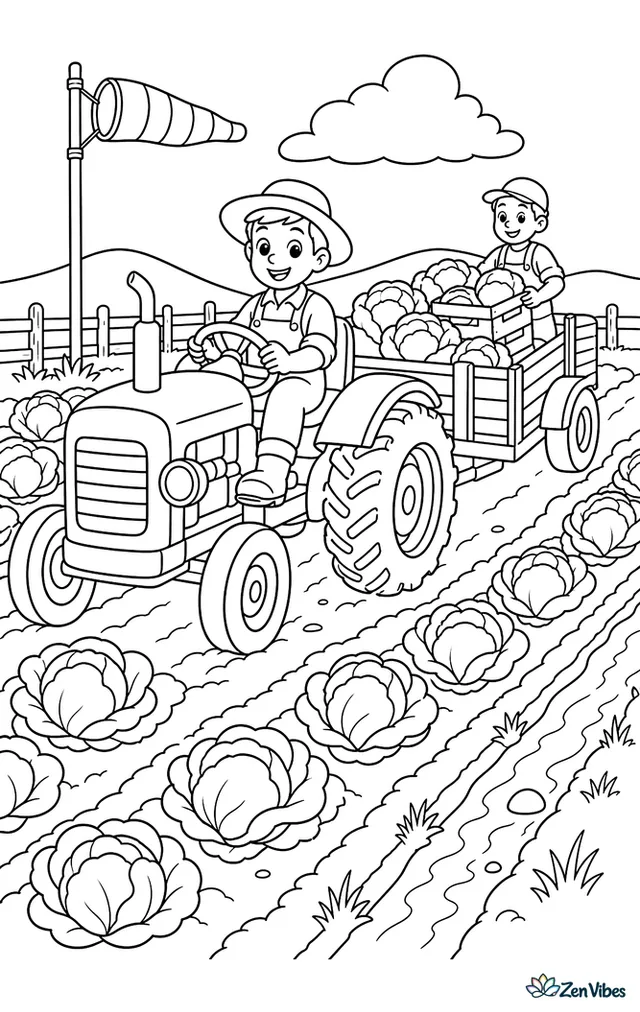 A farm tractor pulls a wagon through broad cabbage rows ready for harvest. Round cabbage heads, workers' crates, a wind sock, and a drainage ditch frame the productive field.