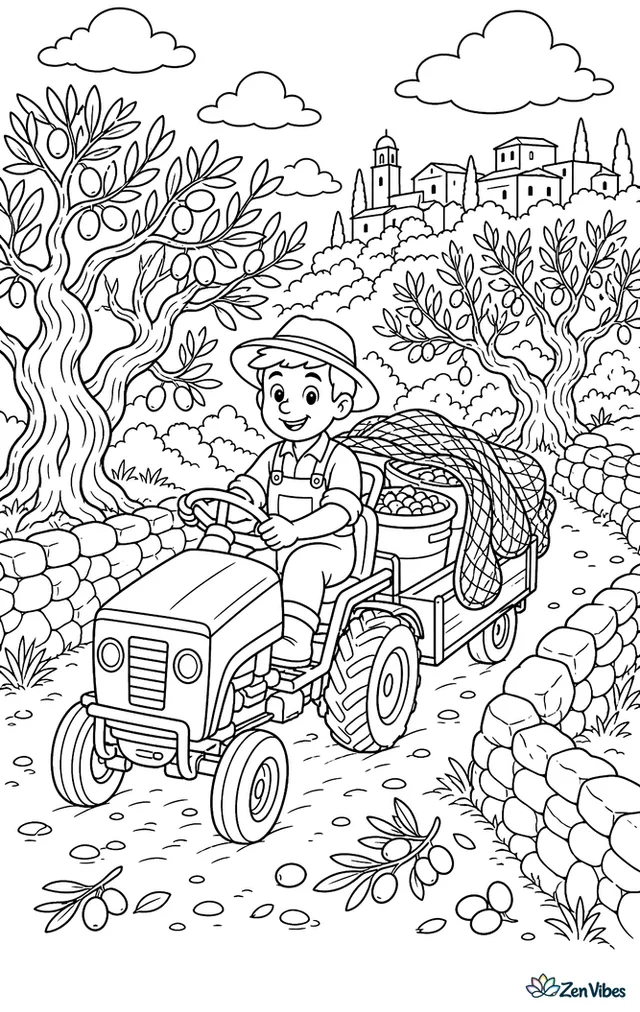 A narrow tractor carries nets and bins through an olive grove on a hillside. Twisted trunks, stone walls, scattered olives, and a distant village create a warm Mediterranean farm scene.