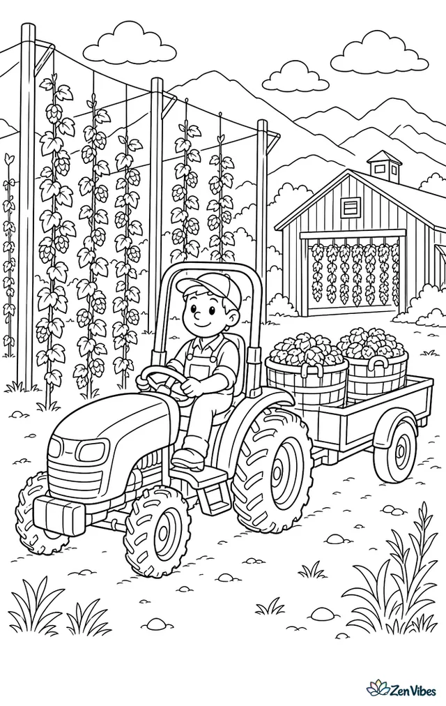 A compact tractor moves through a hop yard, towing baskets beneath tall trellis strings. Climbing hop vines, support poles, a drying barn, and mountain ridges fill the background.