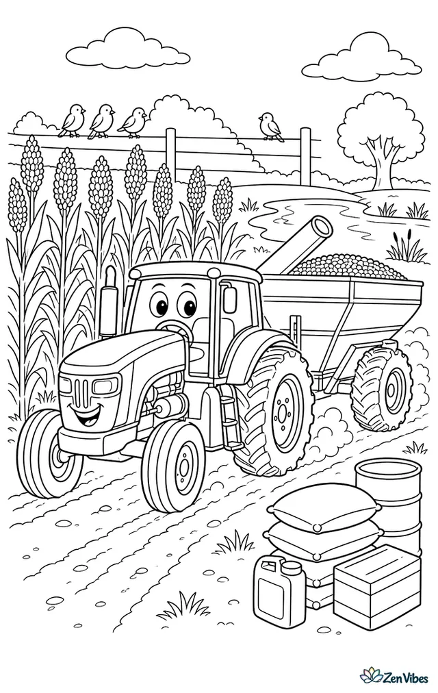 A row-crop tractor rides beside tall sorghum heads, pulling a grain cart through the field. Dusty tracks, birds on fence wires, a pond, and stacked supplies line the edge.