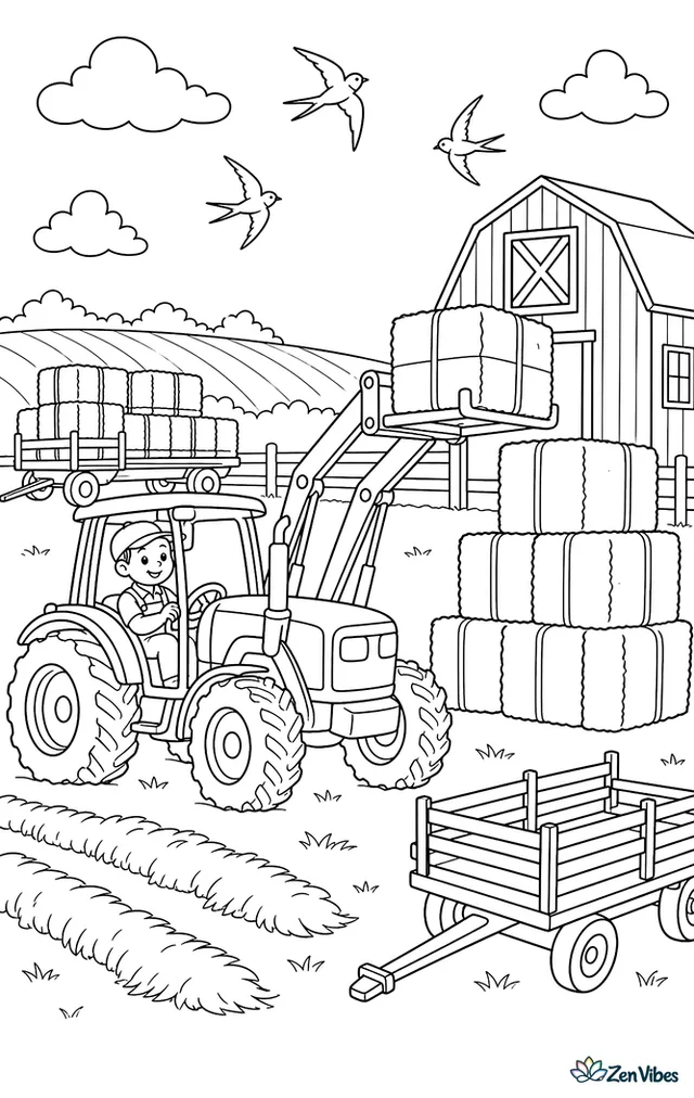 A tractor with a front loader stacks square alfalfa bales near the field. Bale wagons, cut windrows, a barn loft door, and swallows circling overhead make a busy farm scene.