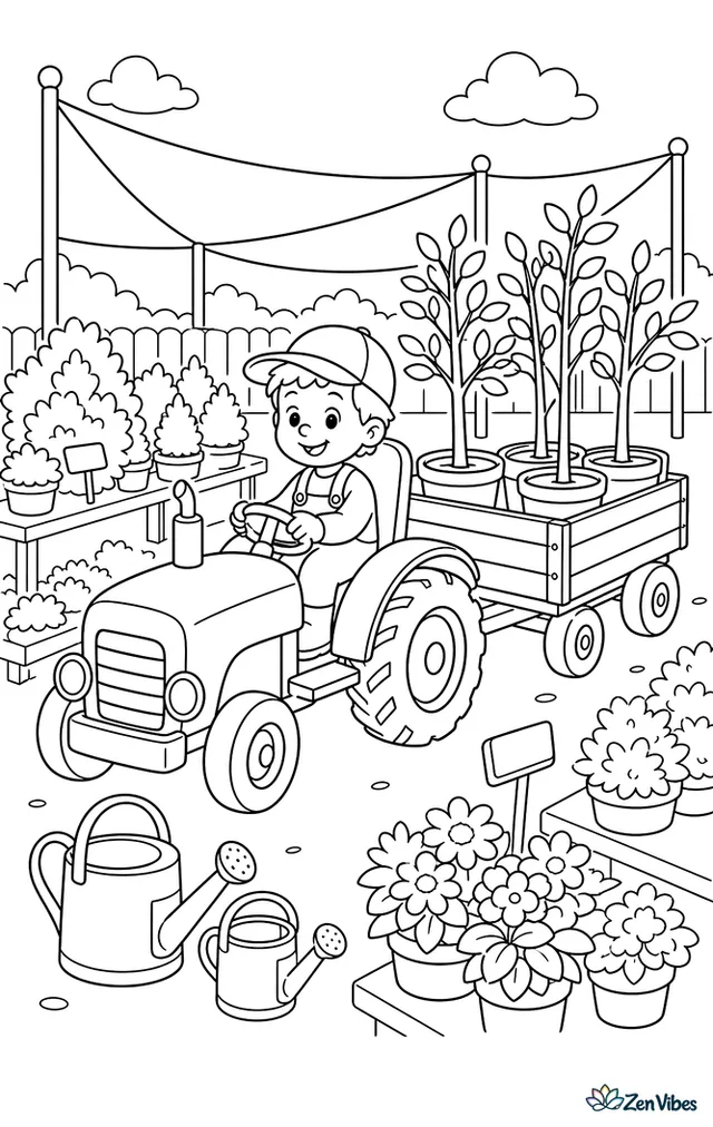A small nursery tractor hauls young trees in pots down a wide garden center lane. Shade cloth, rows of shrubs, watering cans, and signs by the beds add detail.