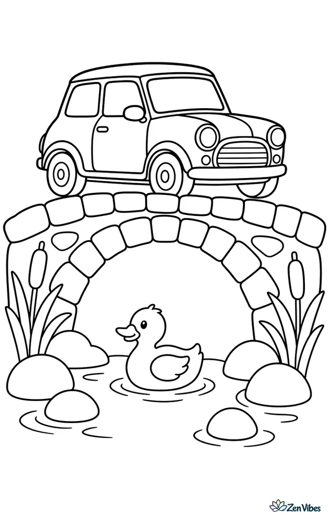 A classic Mini Cooper drives across a small stone bridge over a quiet stream, with cattails, round rocks, and a duck floating below on a calm afternoon.