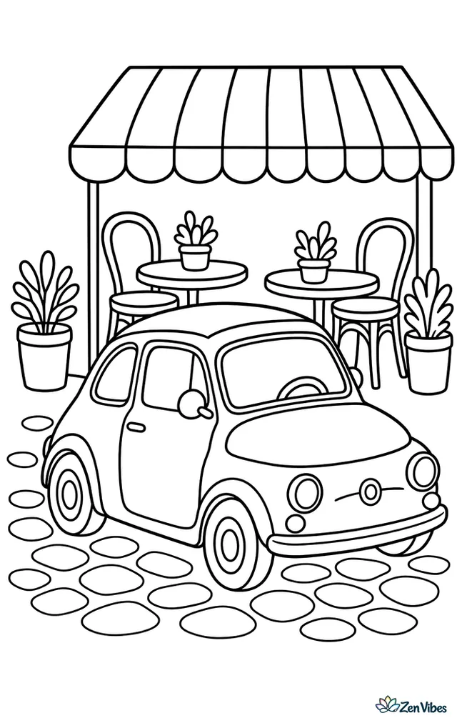 A vintage Fiat 500 is parked outside a sidewalk cafe, with a striped awning, two small tables, potted herbs, and cobblestones stretching along the street.