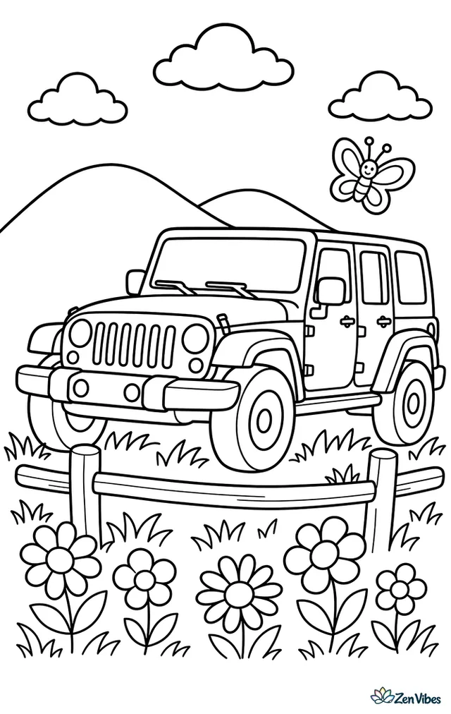 A Jeep Wrangler rolls through a wildflower meadow, passing a split-rail fence, tall grass, a butterfly, and distant rounded hills beneath a few fluffy clouds.