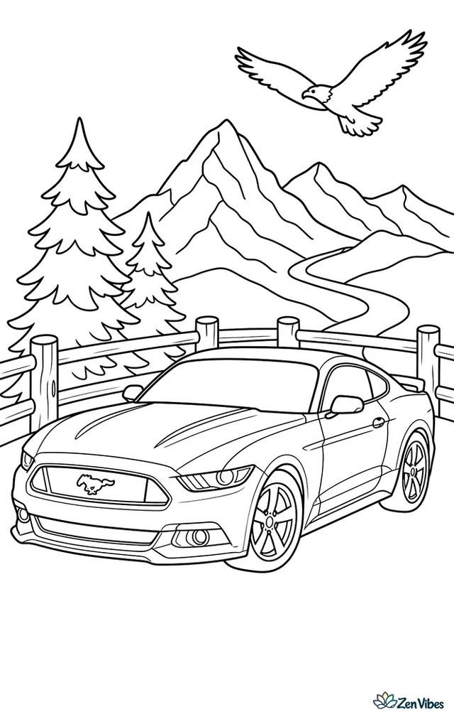A Ford Mustang is stopped at a scenic mountain lookout, with a wooden railing, pine trees, layered peaks, and an eagle gliding high above the winding road.