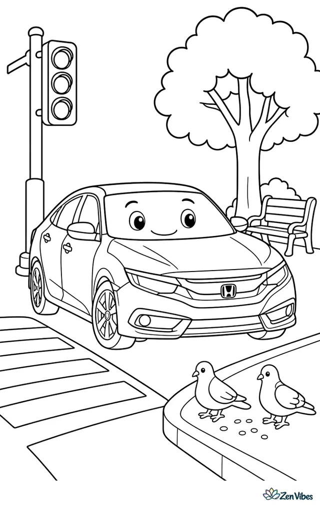 A Honda Civic waits at a tidy city corner beside a crosswalk, with a traffic light, a bench, a street tree, and pigeons near the curb.
