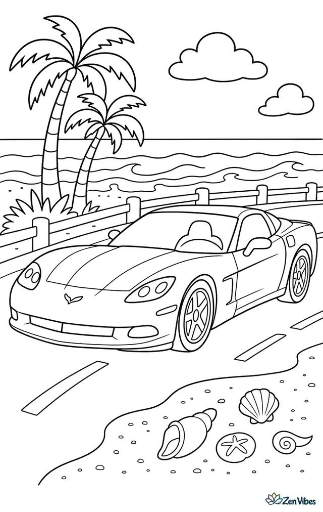 A Chevrolet Corvette cruises along a beach road, with palm trees, a low guardrail, seashells in the sand, and gentle waves rolling toward shore.
