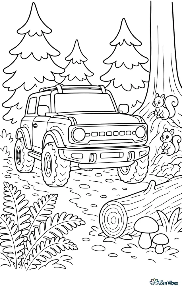 A Ford Bronco drives along a forest trail, passing ferns, mushrooms, a fallen log, and towering evergreens while squirrels watch from the roots.