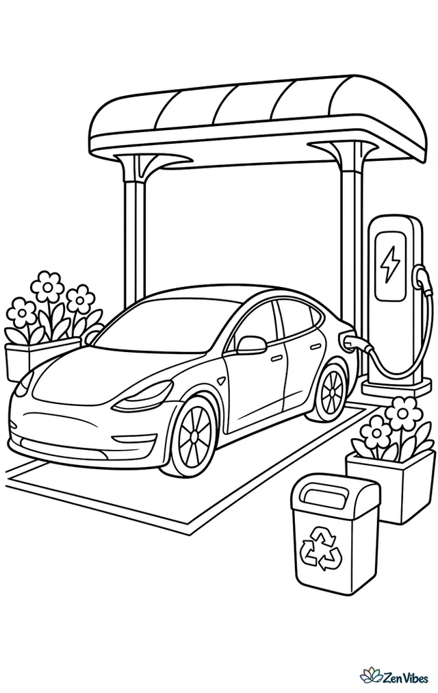 A Tesla Model 3 is plugged into a charging station, with a small canopy, flower planters, a recycling bin, and tidy parking lines around it.