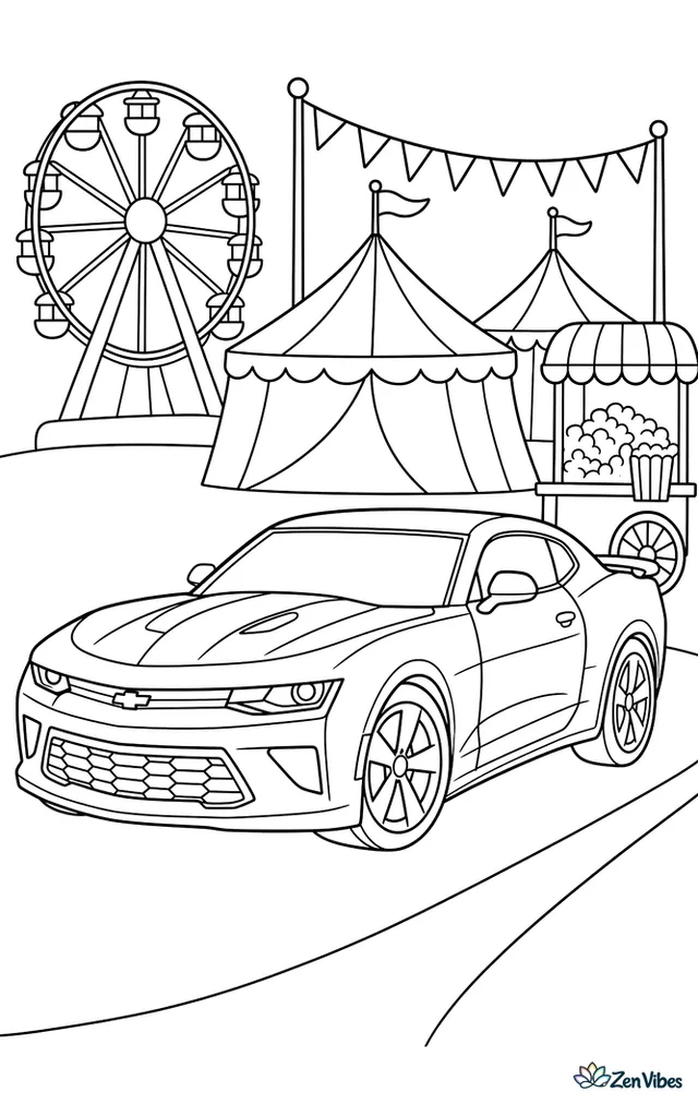A Chevrolet Camaro rolls past a fairground lane, with a Ferris wheel in the distance, striped tents, pennant flags, and a popcorn cart nearby.