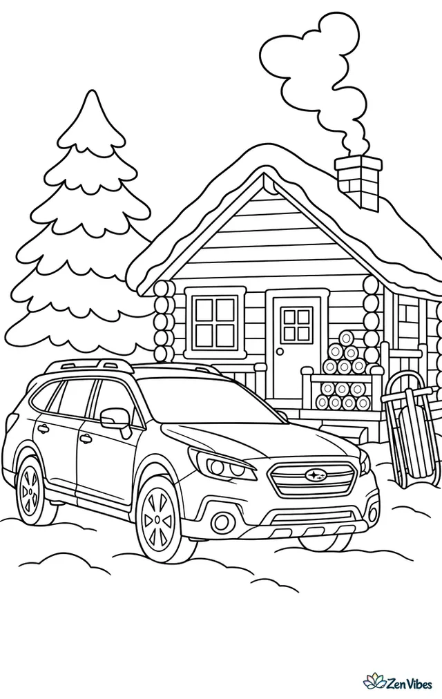 A Subaru Outback is parked beside a snowy cabin, with stacked firewood, a pine tree, a sled by the porch, and smoke curling from the chimney.
