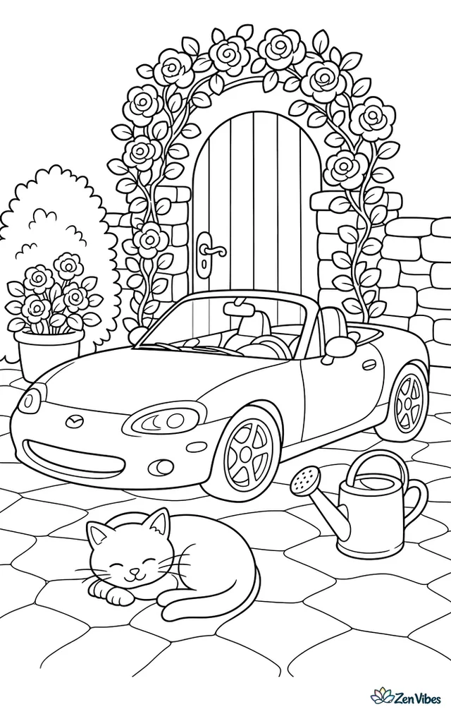 A Mazda MX-5 Miata is parked near a garden gate, with climbing roses, a stone wall, a watering can, and a cat napping on warm pavers.