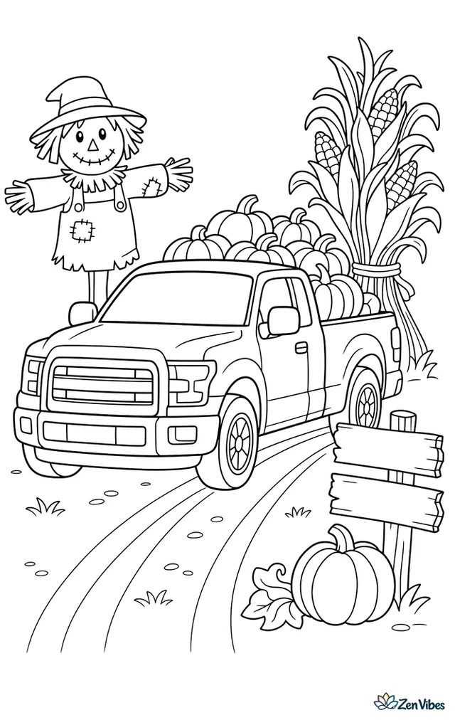 A Ford F-150 is loaded with pumpkins at a patch, beside wagon tracks, corn stalk bundles, a scarecrow, and a rustic sign by the field.