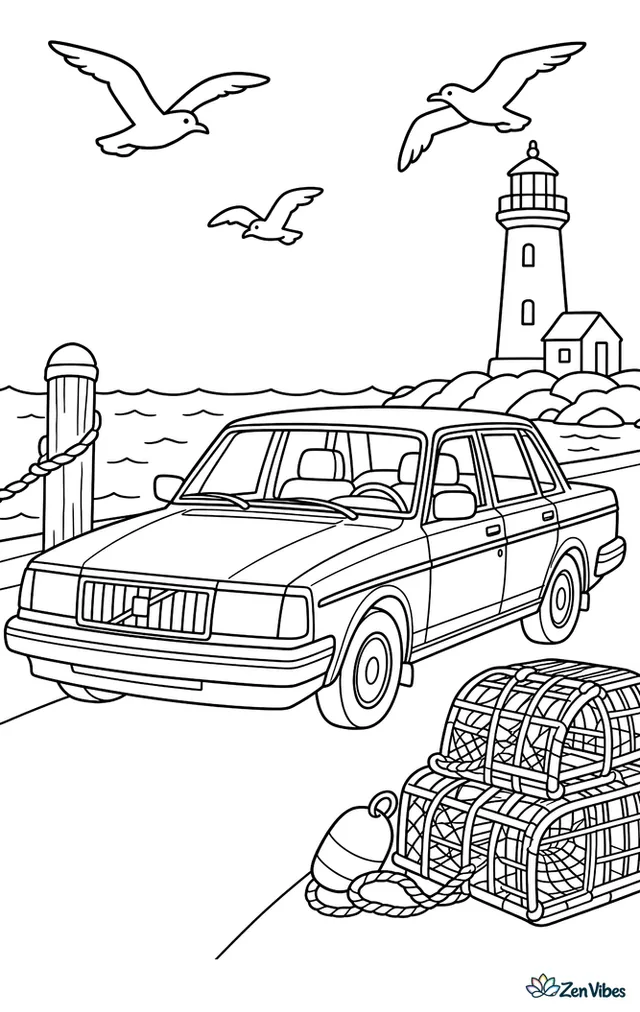 A Volvo 240 drives along a harbor street, with lobster traps, a lighthouse in the distance, dock posts, and gulls circling above the water.