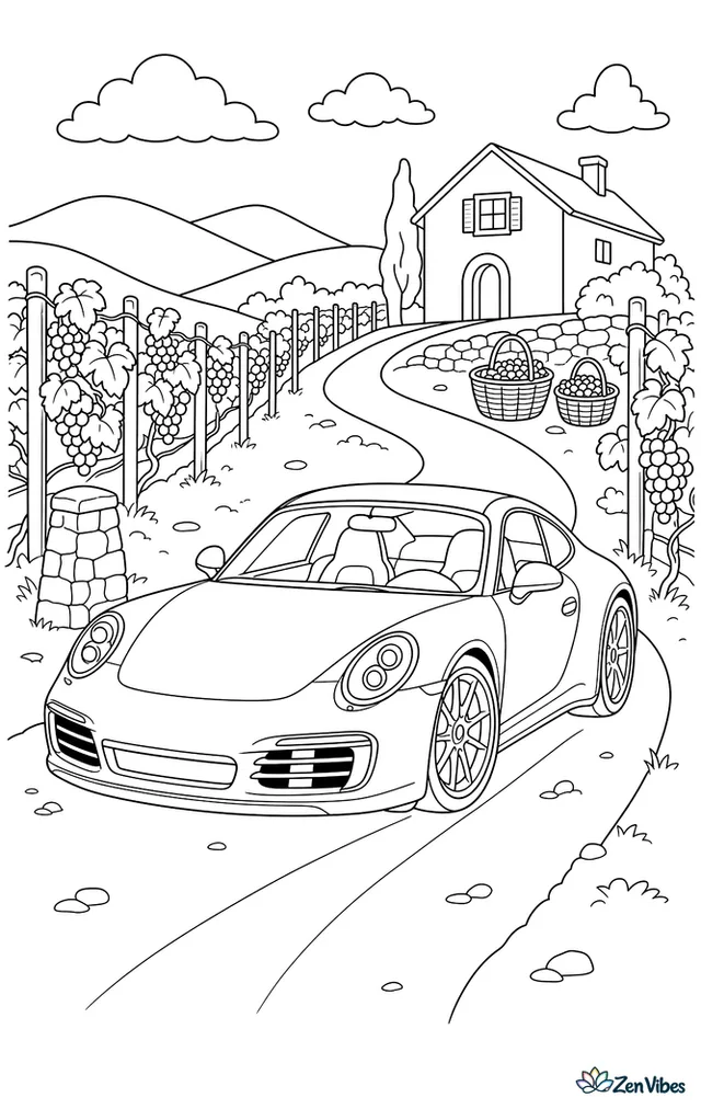 A Porsche 911 winds through a vineyard lane, bordered by grape trellises, a stone marker, rolling hills, and baskets waiting near a farmhouse.
