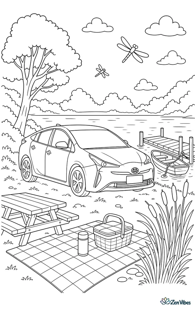 A Toyota Prius is parked beside a lakeside picnic area, with a checkered blanket, a wooden table, reeds, dragonflies, and a rowboat tied to a dock.
