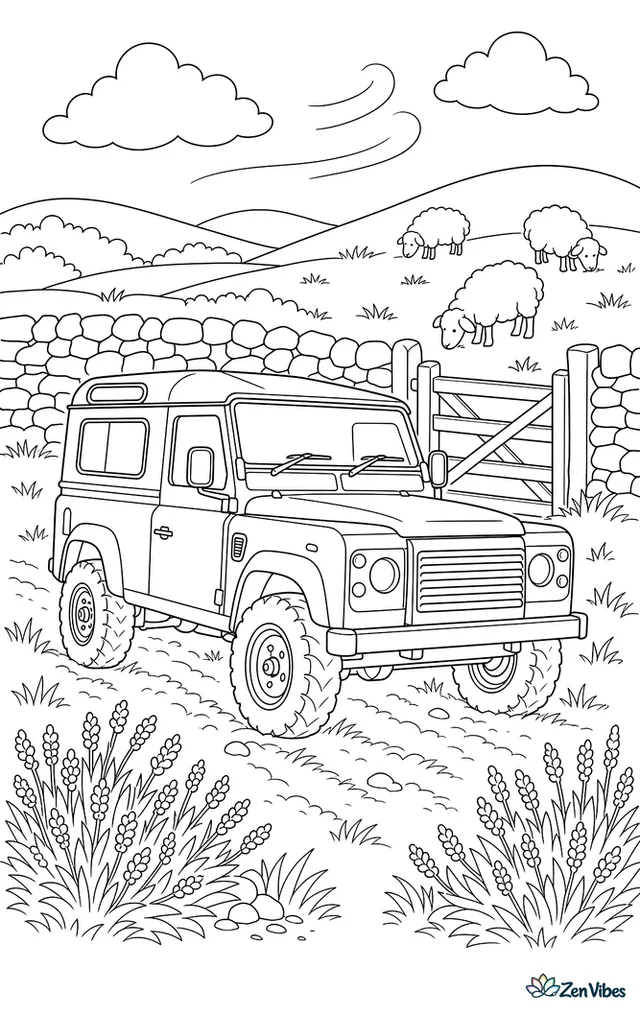 A Land Rover Defender crosses a grassy moor, passing heather patches, a dry stone wall, a gate, and sheep grazing under a breezy sky.
