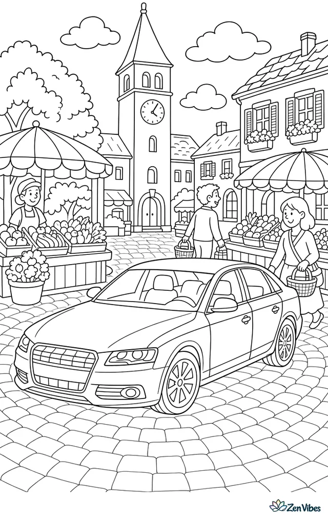 An Audi A4 circles a market square, with produce stalls, striped umbrellas, a clock tower, window boxes, and shoppers carrying baskets along cobblestones.