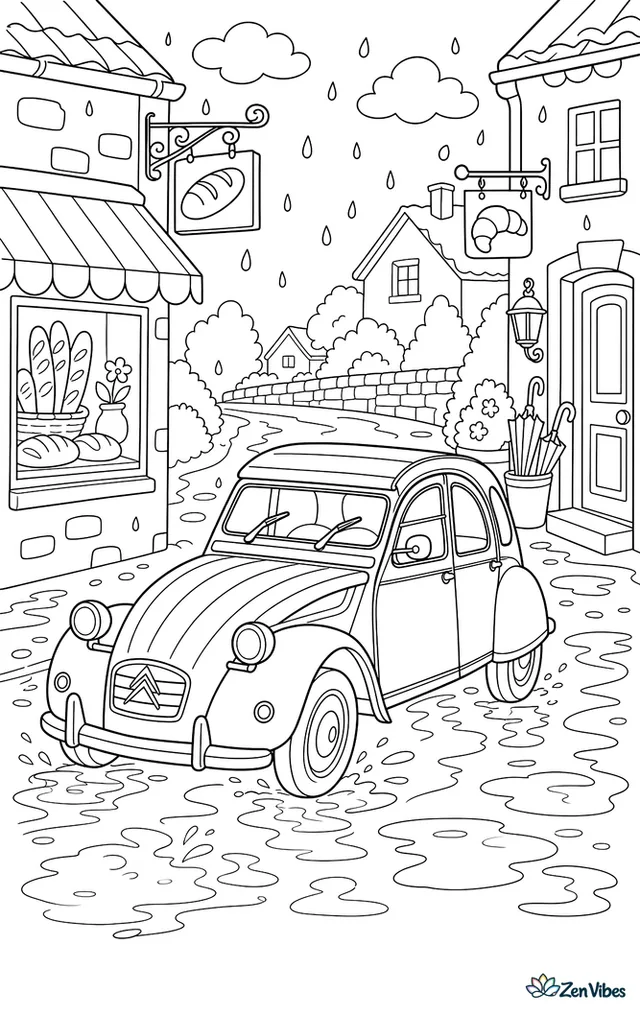 A Citroen 2CV drives down a rainy village lane, with puddles, a bakery window, hanging signs, umbrellas by a doorway, and raindrops splashing the road.