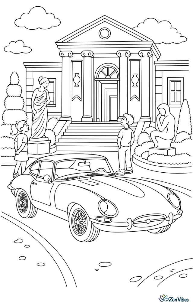 A Jaguar E-Type pulls up to a museum entrance, with broad steps, sculpted hedges, banners, tall columns, and visitors studying statues in the courtyard.