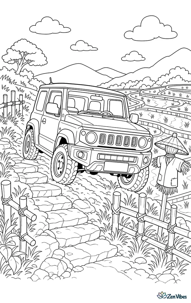 A Suzuki Jimny climbs beside rice terraces, with stone steps, a bamboo fence, a scarecrow hat on a post, and layered paddies reflecting clouds.