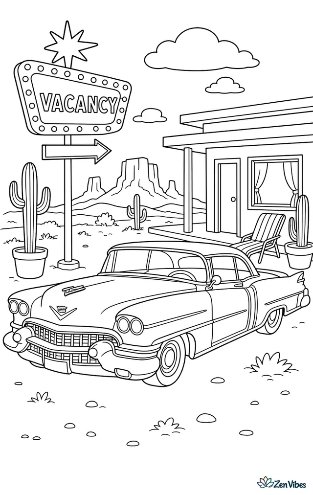 A Cadillac Coupe de Ville is parked at a desert motel, with a neon vacancy sign, potted cacti, a striped lounger, and mesas on the horizon.