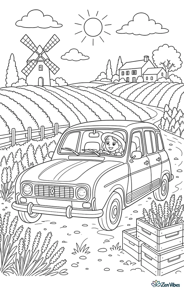 A Renault 4 travels through lavender fields, with neat purple rows, a windmill, stacked crates, and a distant farmhouse beneath a broad summer sky.