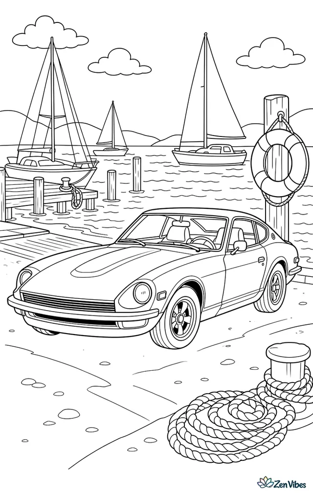 A Datsun 240Z waits near a marina boat ramp, with sailboats, coiled ropes, wooden pilings, a life ring on a post, and ripples across the water.
