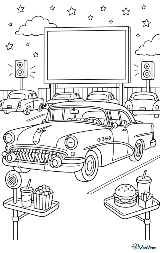 A Buick Roadmaster is parked at a drive-in theater, with a tall movie screen, speaker posts, snack trays, glowing stars, and other cars lined neatly.