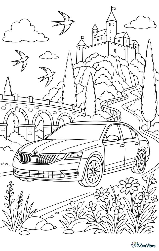 A Skoda Octavia travels along a road below a hilltop castle, with stone arches, cypress trees, wildflowers, and swallows darting above the valley.