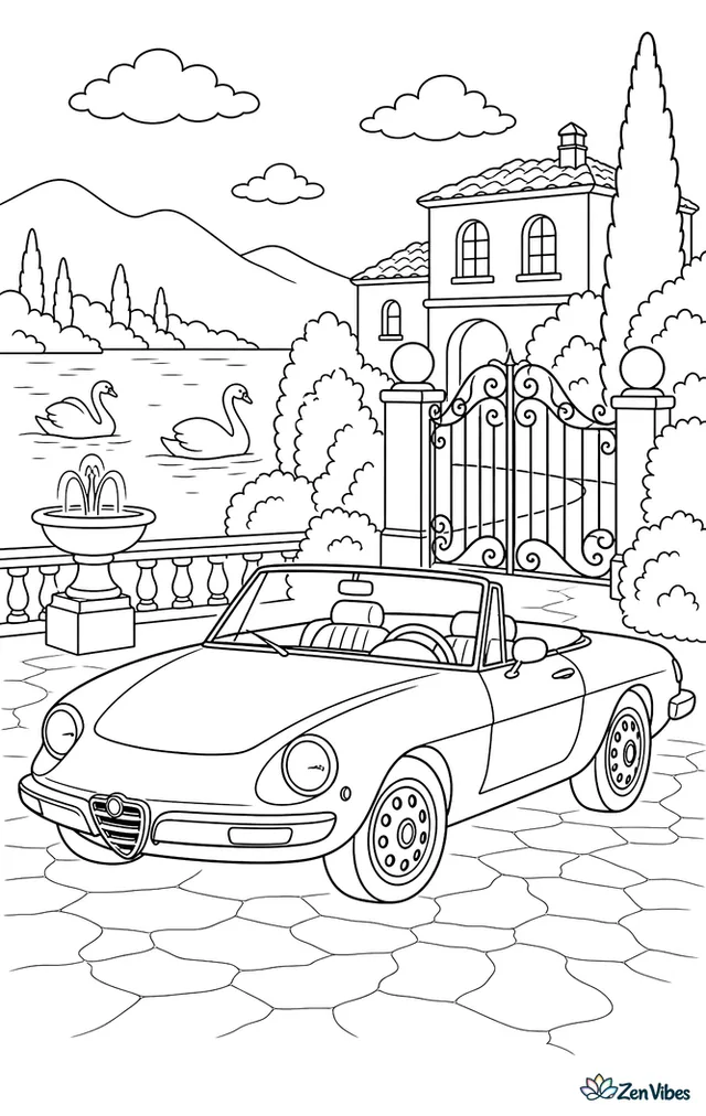An Alfa Romeo Spider is parked near a lakeside villa, with wrought-iron gates, trimmed hedges, a fountain, and swans gliding across calm water.