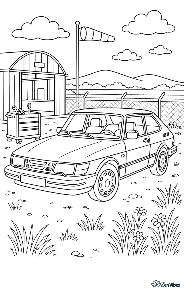 A Saab 900 is parked by an old airfield fence, with a small hangar, windsock, tool cart, wild grass, and distant hills beyond the runway.